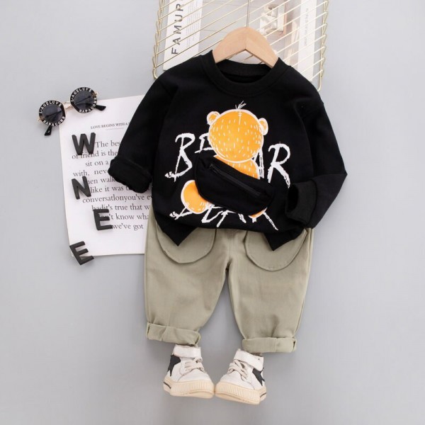 Σετ παντελόνι σταθερό - μπλούζα με ραμμένο πορτοφολάκι και σχέδιο αρκουδάκι, μαύρο - μπεζ